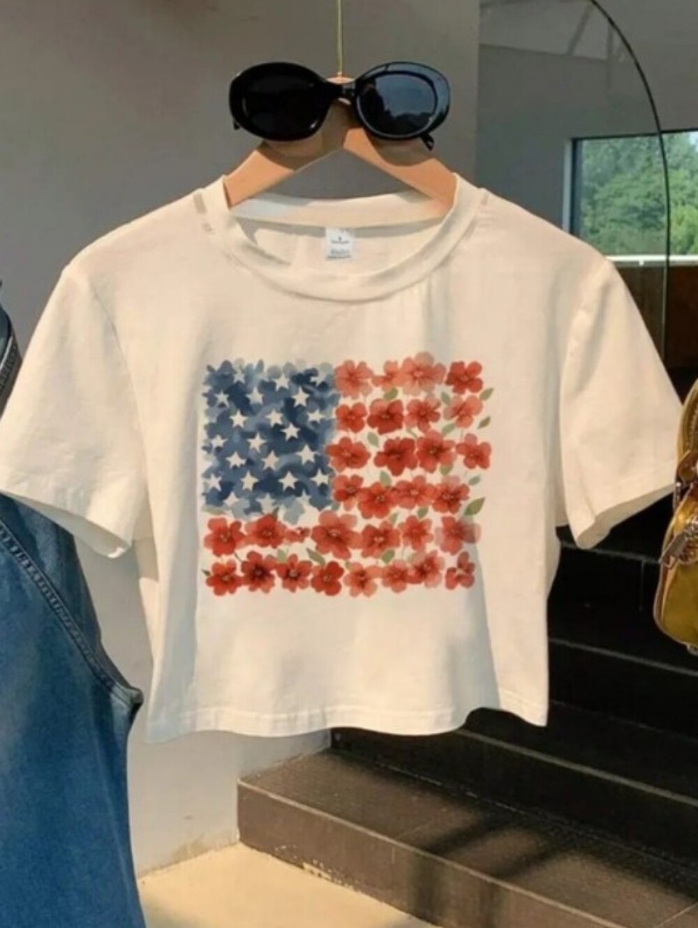 Women's Patriotic Floral Flag Crop Tee